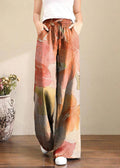 French Brown Geometry Elastic Waist Pockets Linen Wide Leg Pants Summer Orange Flower/Ships 15 Days