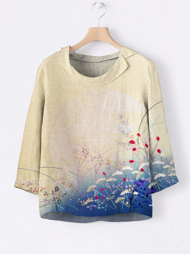 Japanese Botanical Flower Gradient Embroidery Pattern Women's Linen Lapel Top