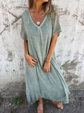 Women’s Solid Color V-Neck Linen Dress Green / S