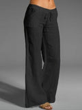 Cotton Linen Solid Color High Waist Wide Leg Pants Black / S