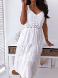 V-Neck Suspenders Hollow Lace Dress White / S