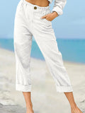 Women’s Solid Color Fashion Loose High Waist Casual Cotton Linen Trousers White / S