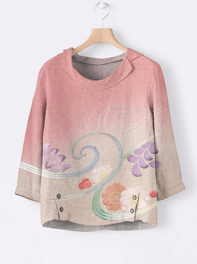 Japanese Botanical Floral Pink Gradient Embroidery Pattern Women's Linen Lapel Top