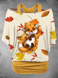 Women's Maple Leaf Cute Plush Fox Print Two Piece Suit Top