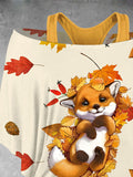 Women's Maple Leaf Cute Plush Fox Print Two Piece Suit Top