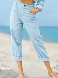 Women’s Solid Color Fashion Loose High Waist Casual Cotton Linen Trousers Light Blue / S