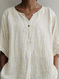 Ladies V-Neck Cotton And Linen Fashion Short-Sleeved Blouse