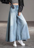 Diy Light Blue Fashion Pockets Casual Wide Leg Fall Denim Pants