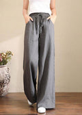 French Grey Elastic Waist Pockets Linen Wide Leg Pants Summer