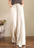 French Brown Geometry Elastic Waist Pockets Linen Wide Leg Pants Summer / S(Fit For Eu 38-40 Us 6-8