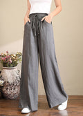 French Brown Geometry Elastic Waist Pockets Linen Wide Leg Pants Summer