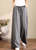 French Brown Geometry Elastic Waist Pockets Linen Wide Leg Pants Summer