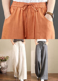 French Brown Geometry Elastic Waist Pockets Linen Wide Leg Pants Summer Orange / S(Fit For Eu 38-40