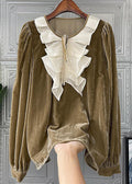 Loose Camel Ruffled Lace Up Patchwork Silk Velour Top Fall Long Sleeved Tops