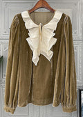 Loose Camel Ruffled Lace Up Patchwork Silk Velour Top Fall Long Sleeved Tops