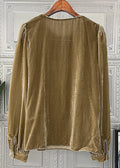 Loose Camel Ruffled Lace Up Patchwork Silk Velour Top Fall Long Sleeved Tops