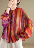 Loose Rainbow Striped Button Linen Blouses Batwing Sleeve Long Sleeved Tops