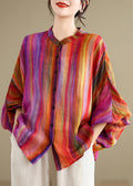 Loose Rainbow Striped Button Linen Blouses Batwing Sleeve Long Sleeved Tops