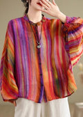 Loose Rainbow Striped Button Linen Blouses Batwing Sleeve Long Sleeved Tops