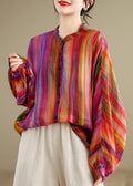 Loose Rainbow Striped Button Linen Blouses Batwing Sleeve Long Sleeved Tops