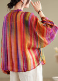 Loose Rainbow Striped Button Linen Blouses Batwing Sleeve Long Sleeved Tops