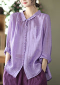 Vintage Purple Peter Pan Collar Button Linen Shirt Long Sleeve Sleeved Tops