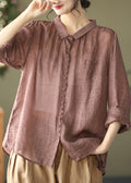 Vintage Purple Peter Pan Collar Button Linen Shirt Long Sleeve Sleeved Tops