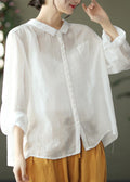 Vintage Purple Peter Pan Collar Button Linen Shirt Long Sleeve Sleeved Tops