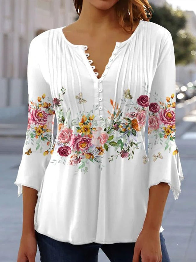 Women’s Elegant Floral Print Pleated Shirt White / S