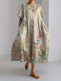 Women’s Retro Botanical Floral Design Printed Casual Loose Dress Apricot / S