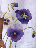 Cotton And Linen Embroidery Casual Pansies Floral Shirt