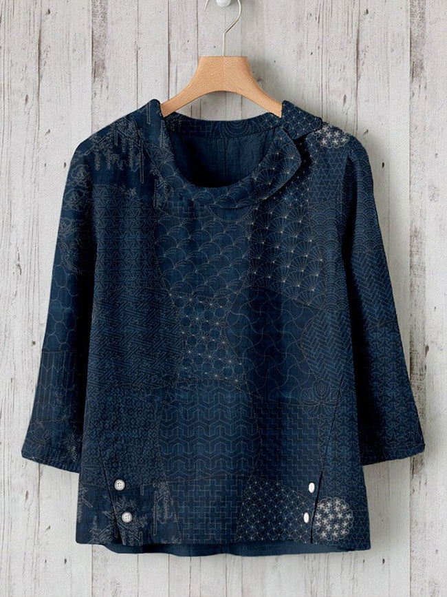 Women’s Sashiko Art Print Casual Shirt Navy / S