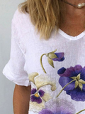 Cotton And Linen Embroidery Casual Pansies Floral Shirt