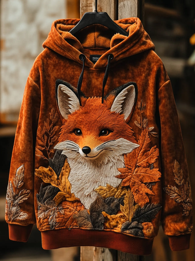 Maple Leaf Fox Print Long Sleeve Hoodie