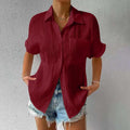 Shirt Collar Casual Buttoned Loose Blouse Burgundy / S(Us 6)