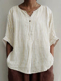 Ladies V-Neck Cotton And Linen Fashion Short-Sleeved Blouse As Shown / S