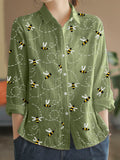 Flying Bees Embroidery Pattern Linen Blend Blouse