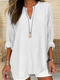 Women’s Cotton Long Sleeve Round Neck Solid Color Loose Beach Shirt White / S