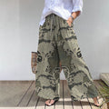 Retro Floral Vine Plant Pattern Elegant Cotton Linen Wide Leg Pants