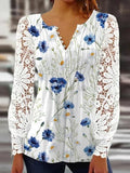 Casual Floral-Print Paneled Lace Long-Sleeved Top Picture 1 / S