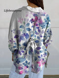 Blue-Purple Gradient Flower Print Women’s Casual Linen V-Neck Shirt
