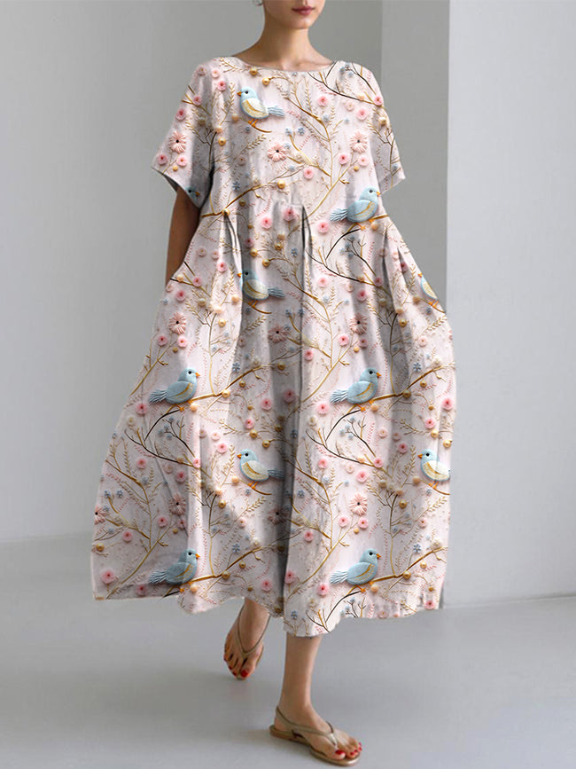 Bird Embroidery Pattern Linen Blend Casual Dress