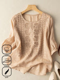 Casual Cotton Loose Embroidery Shirt Khaki / S