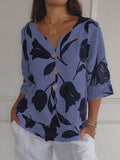 Printed V-Neck Tunic Top Blue / S