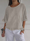 Women’s Solid Color Round Neck Loose Casual Shirt Apricot / S