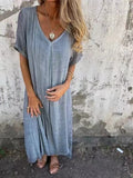 Women’s Solid Color V-Neck Linen Dress Grey / S