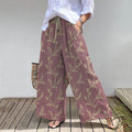 Elegant Vine Pattern Elastic Waist Pocket Cotton Linen Wide Leg Pants