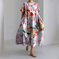 Japanese Art Butterfly Print Short Sleeve Loose Midi Dress