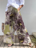 Elegant Floral Vines Print Cotton Linen Wide Leg Pants