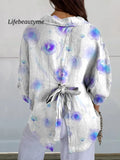 Dreamy Blue-Purple Flowers Women’s Print Casual Linen V-Neck Shirt